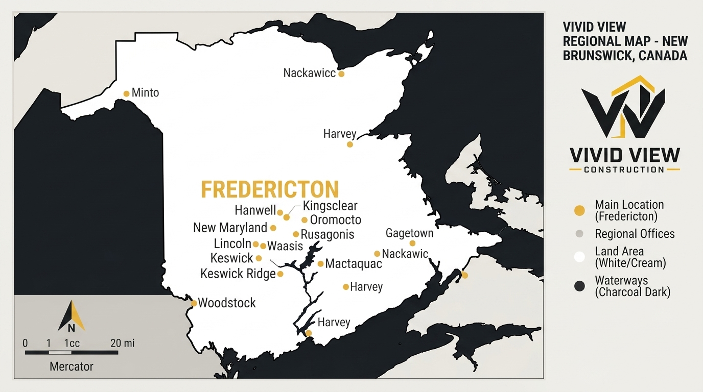 Map of New Brunswick showing Vivid View Construction service area
