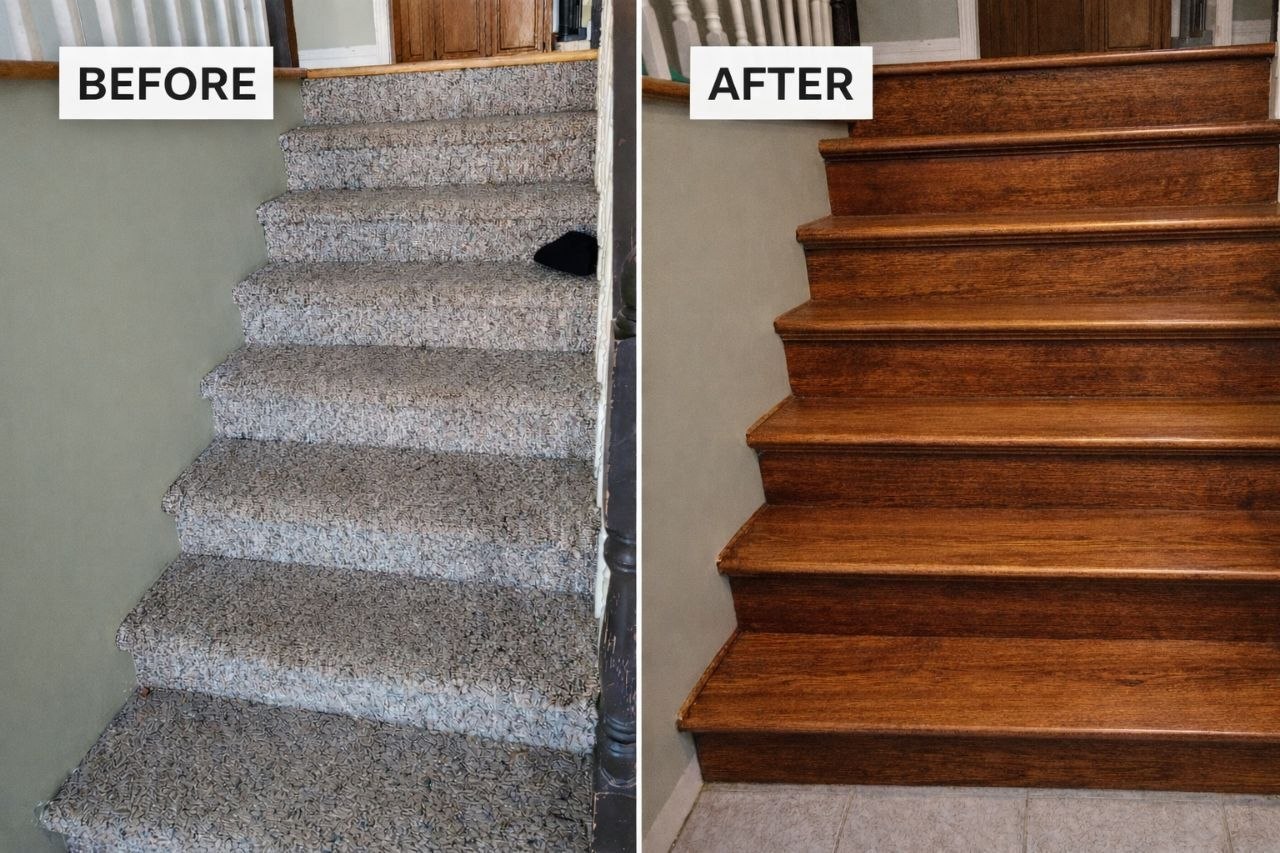 Vivid View Construction stair renovation from carpet to hardwood treads